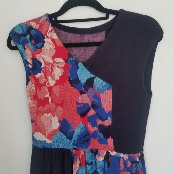 Anthropologie Silk Infused Leifsdottir Faux Wrap Color Block Floral Knit Dress M - Picture 6 of 10